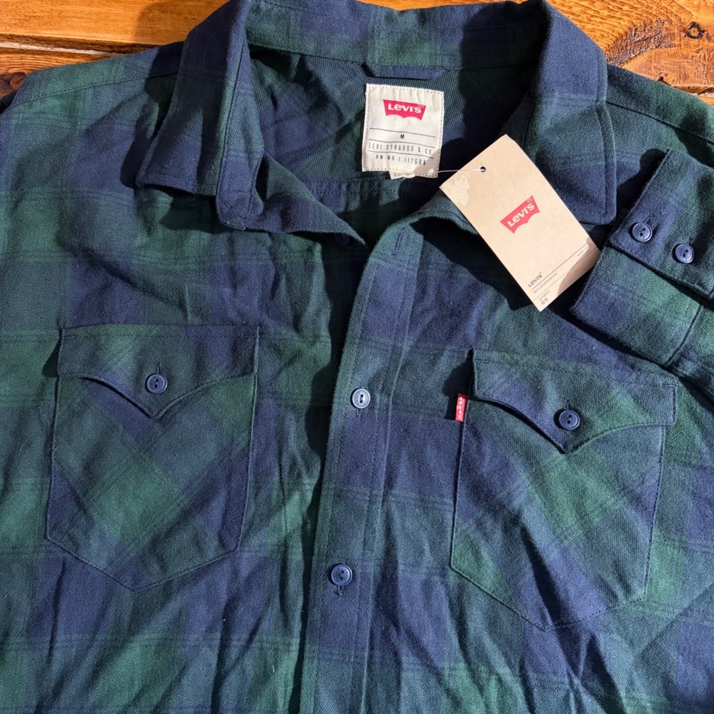 Levi's Flannel Shirt Mens Medium Pine Green Plaid Long Sleeve Button Down SEE